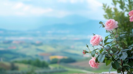 Beautiful pink roses in bloom with a scenic countryside view in the background, capturing nature's beauty and tranquility.