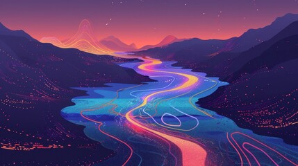 Wall Mural - Abstract Mountain Landscape With River of Light.