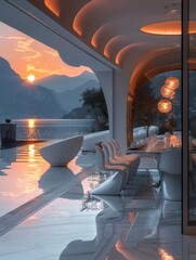 Wall Mural - imagine insane huge real life modern white dining kitchen room view form inside of white modern mansion square penthouse streamlined billionaires home in Lake garda designed by SAOTA architecture with