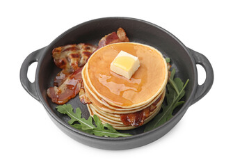 Wall Mural - Tasty pancakes with butter, fried bacon and fresh arugula isolated on white