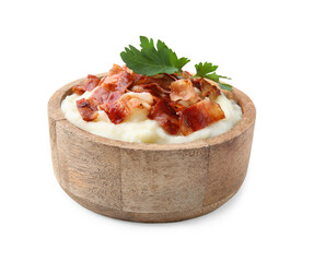 Wall Mural - Fried bacon, mashed potato and parsley in bowl on white background