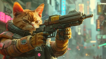 Chubby cute cat cyberpunk shooter soldier holding gun prepare to shoot enemies in cyberpunk city