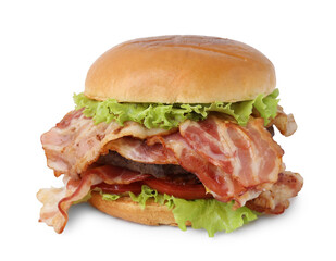 Wall Mural - Delicious burger with bacon, patty and tomato isolated on white