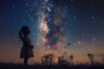 A child standing under a night sky filled with stars and the Milky Way, looking up in amazement