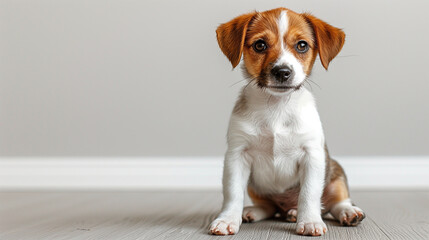 Adorable puppy sitting on a hardwood floor.