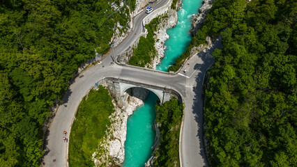 Canvas Print - Aerial Perspective: Napoleon Bridge Spanning Turquoise Soca River, Slovenia