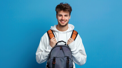 A young man poses happily and strongly with a backpack