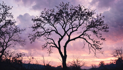 Wall Mural - Arbre au crépuscule avec un ciel violacé