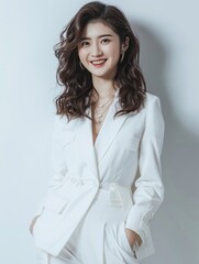 Poster - The 24-year-old Chinese girl, dressed in white, wearing a delicate blazer and pants, a sober necklace around her neck, smiling, she has dark brown waist-length hair, posing for the camera against a pu