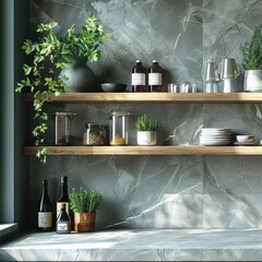 Wall Mural - Kitchen Shelving with Greenery and Glass Jars