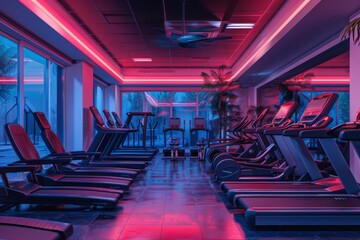 Modern gym interior with vibrant neon lighting creating an energetic and motivating atmosphere