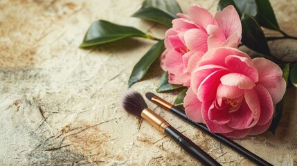 Poster - Pink Camellia flower and make up brushes on aged paper surface with Cosmetic Makeup Brush Set High quality Make up Brushes with blossom close up