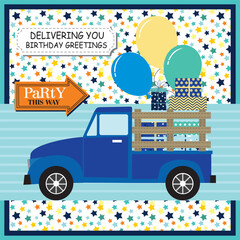 Canvas Print - Happy birthday card design with gifts and balloons on the car