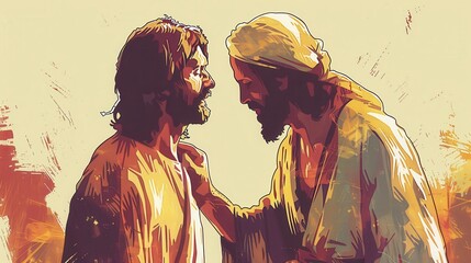 Christian Jesus Healing Blind Man with Touch Compassion and Miraculous Healing Beige Background and Copyspace