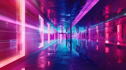 An abstract digital corridor featuring geometric patterns and vibrant holographic displays along the walls, creating a sense of depth and motion