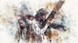 © T Studio - Jesus Carrying the Cross Biblical Illustration Watercolor Style Faith and Sacrifice Beige Background copyspace