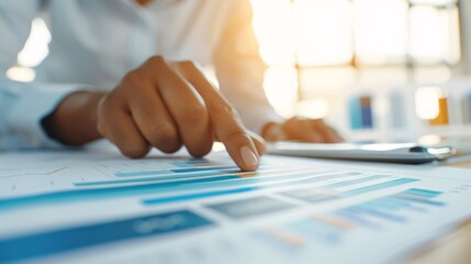 A close-up of a financial consultant's hand pointing to a bar chart on a document, surrounded by financial reports and charts, with ample copy space for text or graphics