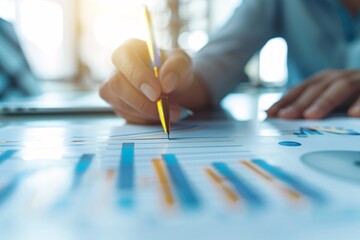 Detailed view of financial charts and graphs on paper documents, with a consultant analyzing data and making annotations, with ample copy space