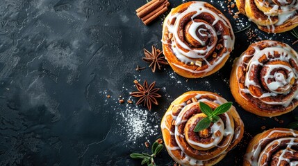 Canvas Print - Homemade cinnamon buns with glaze on dark background top view