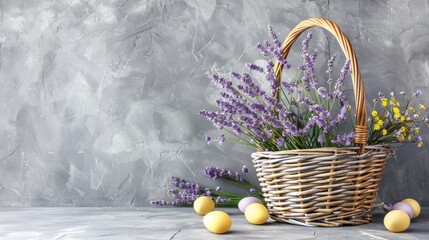 Canvas Print - Easter theme home decor with egg filled basket and lavender flowers on gray background