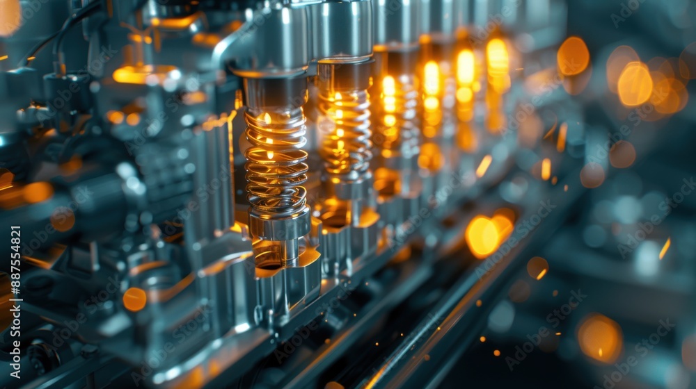 Detailed close-up of a running car engine with oil circulating through ...