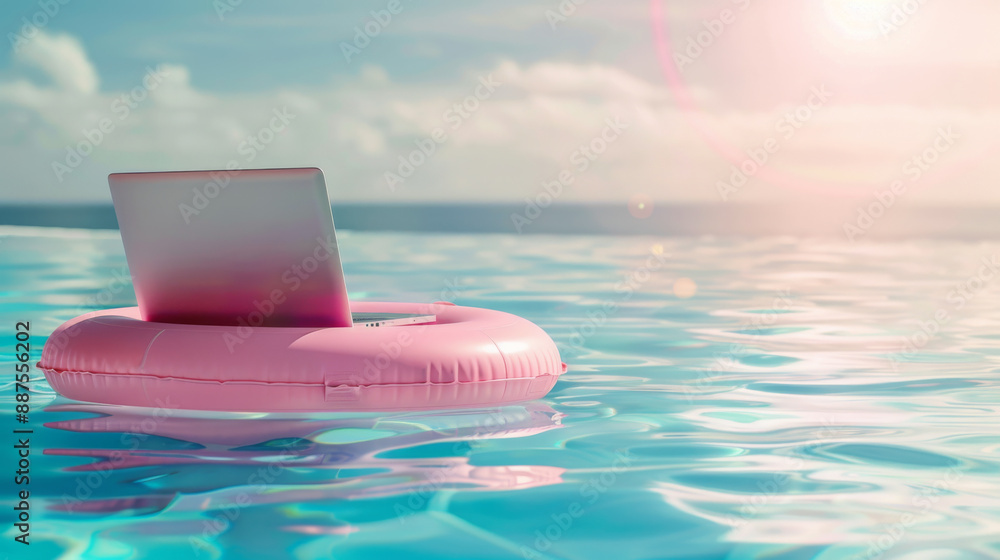 Pc In Pool Laptop computer on a pool float in a swimming pool for people working ...