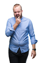 Poster - Young caucasian hipster man over isolated background with hand on chin thinking about question, pensive expression. Smiling with thoughtful face. Doubt concept.