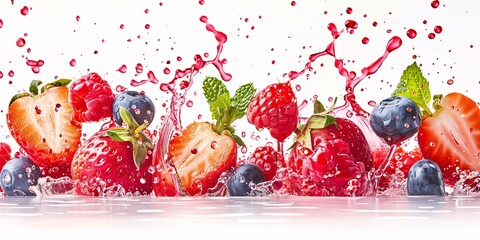 Various berries and dripping juice on a white background.