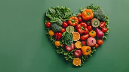 Abstract Heart Shape Made of Various Fresh Fruits and Vegetables on Green Background, Promoting Healthy Eating Habits, Poster for Fruit Store, Marketing Campaign Banner, AI-Generated High-Definition W