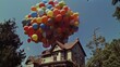 © Irina Ukrainets - Old house flying with colorful balloons in the sky. Surrealistic and imaginative concept art. Perfect for fantasy visuals or creative storytelling. Evokes a sense of adventure and wonder. AI