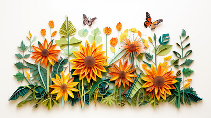 Poster - Paper cut of sunflower with leaves and butterflies on white background.