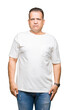 © Krakenimages.com - Middle age arab man wearig white t-shirt over isolated background Relaxed with serious expression on face. Simple and natural looking at the camera.