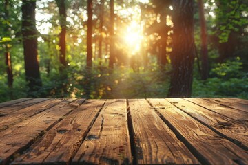 Poster - Sunlit Wooden Table in Forest