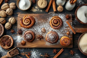 Sticker - Delicious Cinnamon Rolls on Wooden Board