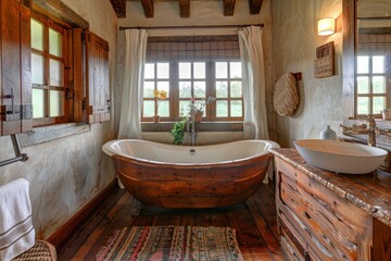 Sticker - Rustic Wood Bathroom with Freestanding Bathtub