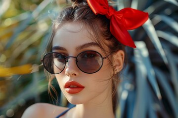 Wall Mural - Fashionable Woman with Red Bow and Sunglasses