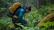 © worapong - 47. A researcher collecting samples in a dense forest with urgency