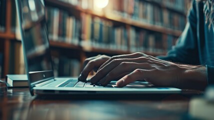 Close up of hands typing on a laptop in a library.