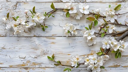 Wall Mural - Spring blossoms on white wood background rustic composition