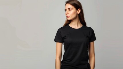 Young woman wearing black casual t - shirt. Side view, back and front view mockup template for print t - shirt design mockup