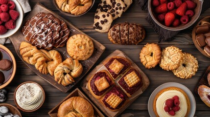 Wall Mural - Pastries and biscuits displayed on a wooden table Breakfast and dessert theme with top view