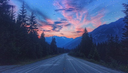 Scenic sunset sky above mountain peaks, with a deserted road winding towards them.