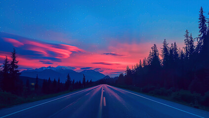 Scenic sunset sky above mountain peaks, with a deserted road winding towards them.