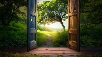 Poster - An open door showing the path to a new land.