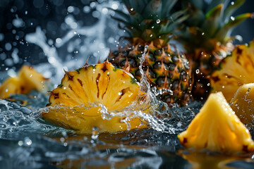 Wall Mural - A pineapple is floating in a pool of water with a few slices missing