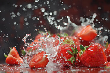 Wall Mural - A close up of a bunch of strawberries with water splashing around them