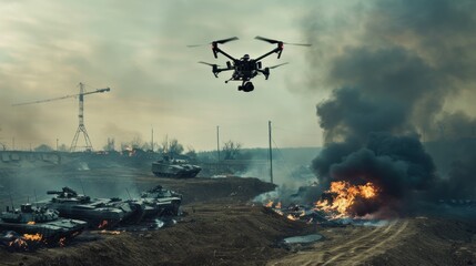 Wall Mural - Drone flying over destroyed tanks in smoky battlefield