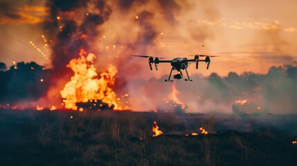 Wall Mural - Drone flying over fiery battleground during sunset hours