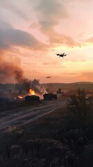 Wall Mural - Drones surveying a battlefield with burning vehicles