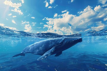 Wall Mural - world oceans day. the blue whale swimming near a surface with a view of the blue sky.